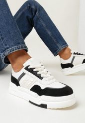 Biało-Czarne Sznurowane Sneakersy na Płaskiej Grubej Podeszwie z Perforacją Pinnella. Białe obuwie sportowe damskie Born2be, przed kostkę, bez zapięcia. Za 99.99 zł.