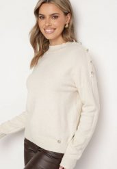 Jasnobeżowy Sweter z Półgolfem Wiskozą Modalem i Ozdobnymi Guzikami Etalisse. Brązowe swetry klasyczne damskie Born2be, l, z jeansu, bez kołnierzyka. Za 74.99 zł.