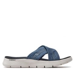 Klapki Skechers. Niebieskie klapki damskie Skechers, bez wzorów, bez obcasa, bez zapięcia. Za 229.99 zł.
