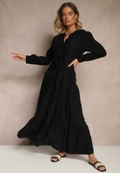 Czarna Wiskozowa Sukienka o Rozkloszowanym Kroju z Wiązanym Paskiem i Koronką Reisavien. Czarne sukienki damskie Renee, bez wzorów, z koronki, eleganckie, bez ramiączek. W wyprzedaży za 127.99 zł.