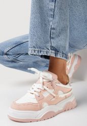 Różowe Sneakersy na Grubej Podeszwie z Przeszyciami Zirila. Białe obuwie sportowe damskie Born2be, bez zapięcia. Za 99.99 zł.