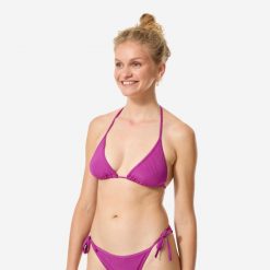 Góra kostiumu kąpielowego damska Decathlon Mae Folk. Fioletowe bikini Decathlon, bez wzorów, z elastanu. Za 49.99 zł.