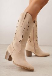 Beżowe Botki Typu Kowbojki VICES na Obcasie z Ażurową Cholewką Eranata. Brązowe botki damskie Born2be, z jeansu, eleganckie, bez obcasa, na obcasie, bez zapięcia. Za 179.99 zł.