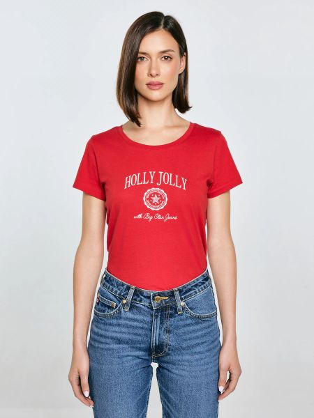 Koszulka damska z nadrukiem czerwona Serra 603. Czerwone koszulki damskie Big Star, l, bez wzorów, z dzianiny, bez kołnierzyka, bez ramiączek. Za 89.99 zł.