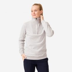 Sweter do golfa damski wiatroszczelny MW500 z wysokim kołnierzem. Szare golfy damskie INESIS, m, bez wzorów, z bawełny, bez ramiączek. Za 199.99 zł.