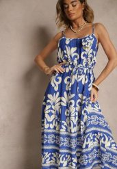 Niebieska Rozkloszowana Sukienka z Wiskozy Zdobiona Broszką i Wiązaniem Marionela. Niebieskie sukienki damskie Renee, z aplikacjami, z wiskozy, eleganckie, bez ramiączek. W wyprzedaży za 63.99 zł.