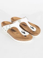 Sunbay Japonki "Camelia" w kolorze białym rozmiar: 38. Białe klapki damskie Sunbay, bez wzorów, z lakierowanej skóry, z otwartym noskiem, bez obcasa, bez zapięcia. Za 144.92 zł.