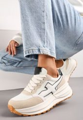 Biało-Beżowe Sneakersy przed Kostkę na Platformie z Wstawką Evienne. Białe obuwie sportowe damskie Renee, przed kostkę, bez zapięcia. Za 69.99 zł.