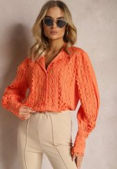Pomarańczowa Ażurowa Koszula z Elegancką Stójką Manuella. Brązowe koszule damskie Renee, l, z aplikacjami, eleganckie, bez kołnierzyka, bez ramiączek. Za 59.99 zł.