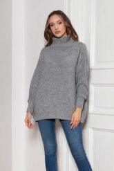 Oversizowy Sweter z Luźnym Golfem - Szary. Szare golfy damskie Lanti, uniwersalny, bez wzorów, z materiału, bez ramiączek. Za 249.90 zł.