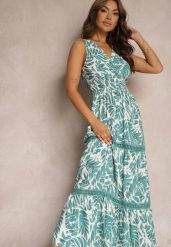 Zielona Sukienka a Kwiatowa Sukienka Zdobiona Wiązaniem z Tyłu i Gumką w Pasie Rivattia. Zielone sukienki damskie Renee, z aplikacjami, z bawełny, eleganckie, bez ramiączek. W wyprzedaży za 83.99 zł.