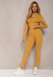 Żółte Prążkowane Legginsy z Wysokim Stanem Amokka. Żółte legginsy damskie Renee, s, bez wzorów, z jeansu. Za 44.99 zł.