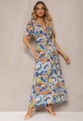 Niebieska Rozkloszowana Sukienka z Bawełny o Kopertowym Kroju w Print Paisley Piavella. Niebieskie sukienki damskie Renee, bez wzorów, z bawełny, eleganckie, bez ramiączek. W wyprzedaży za 39.99 zł.