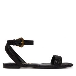 Sandały Versace Jeans Couture. Czarne sandały damskie Versace Jeans Couture, bez wzorów, z jeansu, bez obcasa, na płaskiej podeszwie, bez zapięcia. Za 789.99 zł.