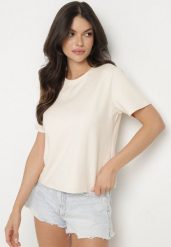 Beżowy Bawełniany T-shirt z Grubszej Bawełny Tiariane. Brązowe t-shirty damskie Born2be, m, bez wzorów, z bawełny, bez kołnierzyka. Za 49.99 zł.