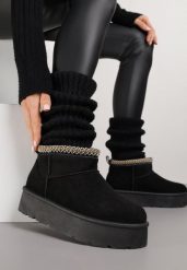 Czarne Śniegowce na Platformie z Haftem przy Cholewce Sewnera. Czarne śniegowce damskie Renee, z dzianiny. Za 69.99 zł.
