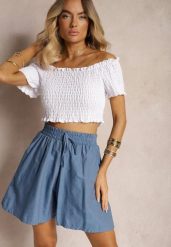 Jasnoniebieskie Szorty z Bawełny o Luźnym Kroju Wykończone Gumką w Pasie Winnea. Niebieskie szorty damskie Renee, bez wzorów, z bawełny. Za 29.99 zł.