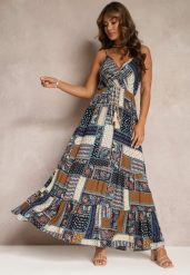 Granatowa Sukienka Grehan. Niebieskie sukienki damskie Renee, z aplikacjami, boho, bez ramiączek. W wyprzedaży za 83.99 zł.