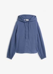 Bluza z kapturem z muślinu z czystej bawełny. Niebieskie bluzy damskie bonprix, bez wzorów, z bawełny, z kapturem. Za 114.99 zł.