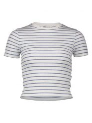 ONLY Koszulka w kolorze kremowo-niebieskim rozmiar: XS. Brązowe bluzki damskie Only, xs, bez wzorów, prążkowane, bez kołnierzyka, bez ramiączek. Za 43.99 zł.