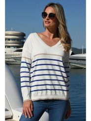 Bleu d'Azur Sweter "Saint Malo" w kolorze biało-niebieskim rozmiar: 44/46. Białe swetry klasyczne damskie Bleu d'Azur, bez kołnierzyka. Za 202.50 zł.