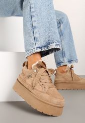 Ciemnobeżowe Sneakersy z Imitacji Zamszu na Platformie Ocieplane Futrem Sennalia. Brązowe obuwie sportowe damskie Born2be, z jeansu, bez zapięcia. Za 109.99 zł.