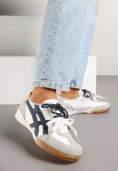 Białe Sneakersy Ozdobione Geometrycznym Wzorem i Podwójnym Sznurowaniem Hirozi. Białe obuwie sportowe damskie Renee, z jeansu, bez zapięcia. Za 89.99 zł.