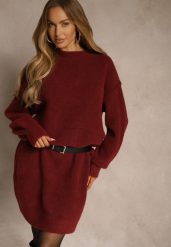 Bordowa Dzianinowa Sukienka z Dodatkiem Wełny o Pudełkowym Kroju Nesava. Czerwone sukienki damskie Renee, bez wzorów, z dzianiny, bez ramiączek. Za 139.99 zł.