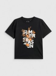 4F T-shirt boxy z nadrukiem damski - czarny S. Czarne t-shirty damskie 4F, s, bez wzorów, z bawełny, bez kołnierzyka. Za 69.99 zł.