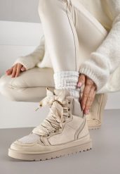 Beżowe Sneakersy Ozdobione Sznurówkami w Geometryczny Wzór Avoslia. Brązowe obuwie sportowe damskie Renee, z jeansu, bez zapięcia. Za 129.99 zł.