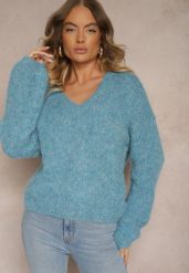 Niebieski Sweter z Dodatkiem Wełny i Szerokimi Rękawami Inathira. Niebieskie swetry klasyczne damskie Renee, na zimę, z jeansu, bez kołnierzyka. Za 139.99 zł.