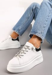 Biało-Czarne Sneakersy z Cyrkoniami na Sznurowadłach i Brokatem Terisla. Białe obuwie sportowe damskie Renee, bez zapięcia. Za 79.99 zł.