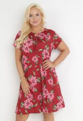 Czerwona Rozkloszowana Sukienka Trapezowa Midi w Kwiaty Envie. Czerwone sukienki damskie Born2be, bez wzorów, bez ramiączek. Za 89.99 zł.