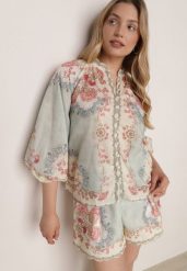 Zielona Koszula w Kwiaty ze Stójką Feliana. Zielone koszule damskie Born2be, l, bez wzorów, z jeansu, biznesowe, bez kołnierzyka, bez ramiączek. Za 159.99 zł.