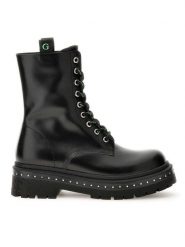 Guess Botki Joya FL7JYA LEA10 Czarny. Czarne botki damskie Guess, ze skóry, bez obcasa, na płaskiej podeszwie, bez zapięcia. Za 419.99 zł.