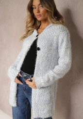 Jasnoniebieski Zapinany Kardigan z Kapturem i Kieszeniami Naustinas. Niebieskie kardigany damskie Renee, bez wzorów. Za 59.99 zł.