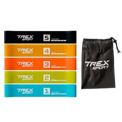Zestaw 5 gum oporowych Trex Sport Miniband Neon 1–18 kg z torbą. Torby sportowe TREX SPORT, bez wzorów. Za 24.50 zł.
