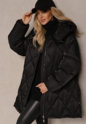 Czarna Kurtka Pikowana z Kapturem i Rozcięciami Zapinanymi na Napy Etarenea. Czarne kurtki damskie Renee, plus size, z aplikacjami, z jeansu, z kapturem. Za 289.99 zł.