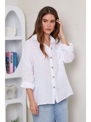 Rodier Lin Lniana koszula w kolorze białym rozmiar: XL/XXL. Białe koszule damskie Rodier Lin, xl, bez wzorów, ze lnu, bez kołnierzyka, bez ramiączek. Za 140.53 zł.