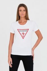GUESS Biały damski t-shirt bawełniany Original Tee, Rozmiar S. Białe t-shirty damskie Guess, s, z aplikacjami, z bawełny, bez kołnierzyka. W wyprzedaży za 79.99 zł.