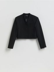 Krótka marynarka z bawełną - czarny. Czarne marynarki i żakiety damskie Reserved, l, bez wzorów, z bawełny. Za 199.99 zł.