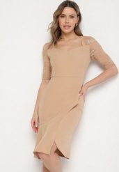 Beżowa Asymetryczna Sukienka Vices o Dopasowanym Kroju z Koronką Natifese. Brązowe sukienki damskie Born2be, bez wzorów, z koronki, eleganckie, bez ramiączek. W wyprzedaży za 110.49 zł.