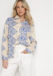 Beżowo-Niebieska Wiskozowa Koszula z Lnem w Ornamentalny Wzór Avellia. Niebieskie koszule damskie Born2be, na lato, m, bez wzorów, z wiskozy, eleganckie, bez kołnierzyka, bez ramiączek. Za 79.99 zł.