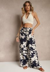 Granatowe Szerokie Spodnie z Wiskozy High Waist w Kwiatowy Wzór Elaneora. Niebieskie spodnie materiałowe damskie Renee, bez wzorów, z jeansu. Za 39.99 zł.