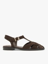 Brązowe sandały ze skóry welurowej. Brązowe sandały damskie Ryłko, bez wzorów, ze skóry, bez obcasa, na płaskiej podeszwie, bez zapięcia. Za 379.99 zł.