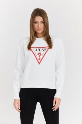 GUESS Biała damska bluza z dużym logo Original Fleece. Białe bluzy damskie Guess, s, z aplikacjami, z bawełny, bez kaptura. W wyprzedaży za 251.99 zł.