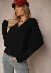 Czarny Kardigan w Stylu Oversize z Guzikami i Ozdobnymi Tłoczeniami Palabia. Czarne kardigany damskie Renee, bez wzorów. Za 159.99 zł.