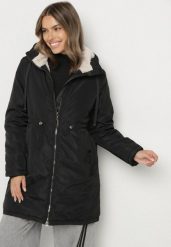 Czarna Klasyczna Kurtka Parka z Futrzaną Wyściółką Olenevia. Czarne parki damskie Born2be, l, z futra, bez kaptura. Za 189.99 zł.