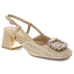 Czółenka damskie Alma En Pena, z zabudowanym przodem wykonane z plecionego materiału osadzone na stabilnym obcasie z regulowanym paskiem wokół kostki. Brązowe czółenka damskie Alma En Pena, z aplikacjami, bez obcasa, na obcasie. Za 503.90 zł.