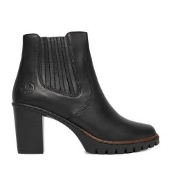 Botki Rieker. Czarne botki damskie Rieker, bez obcasa, na słupku, bez zapięcia. Za 379.99 zł.